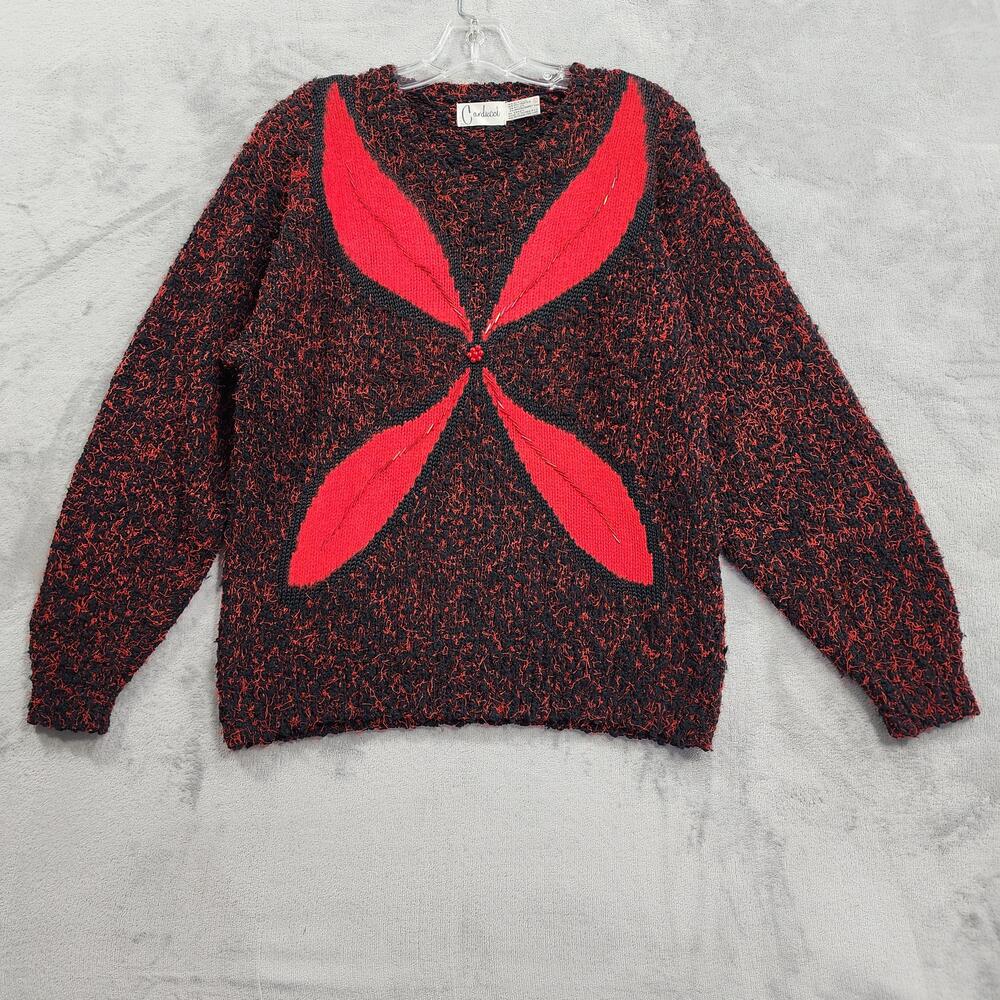 Vintage Carducci Sweater Womens L Red Black Floral Beaded Angora Knit Pullover